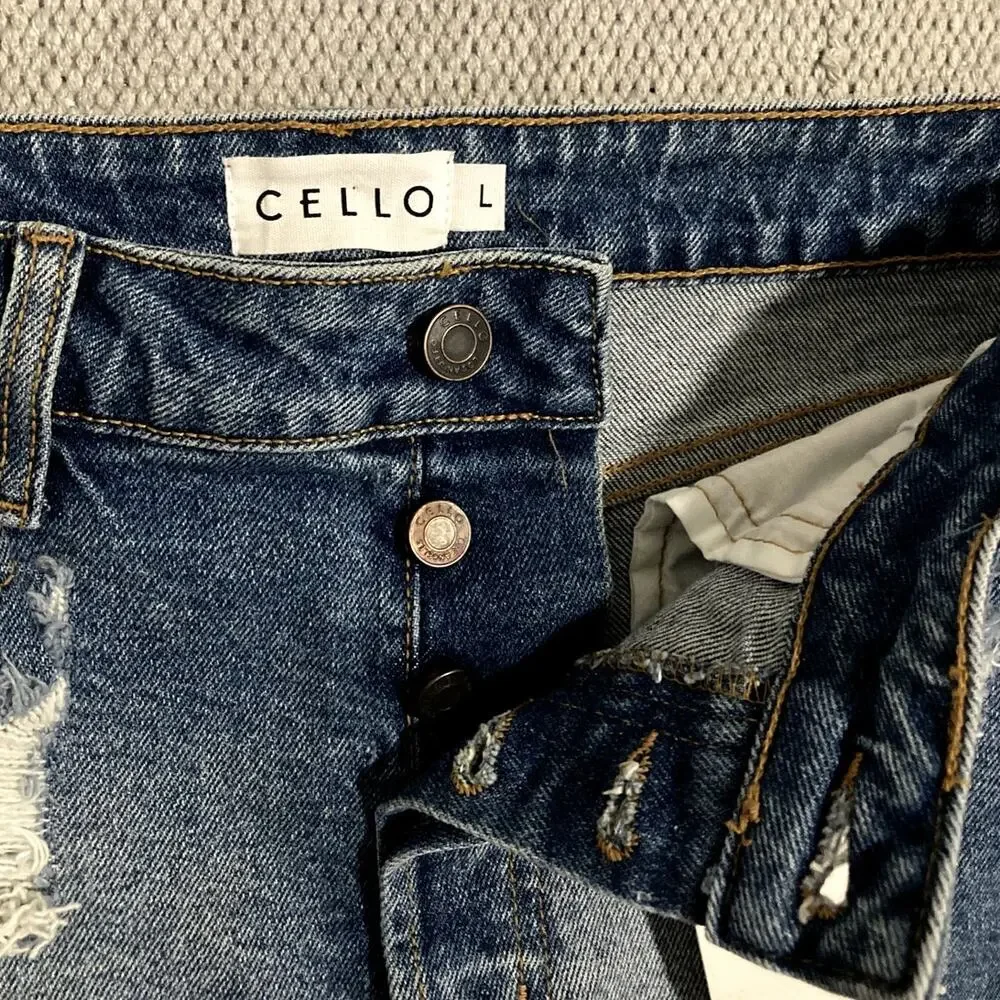 Cello Denim Jean Shorts Womens‎ Large Blue Ripped Distressed Button Fly Grunge